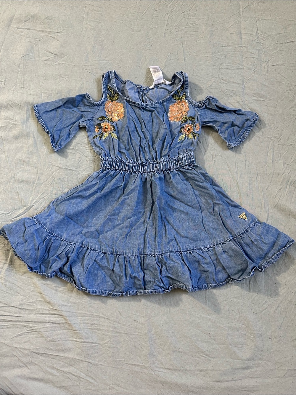 Guess Girls Blue Denim Cold-Shoulder Dress with Floral Embroidery